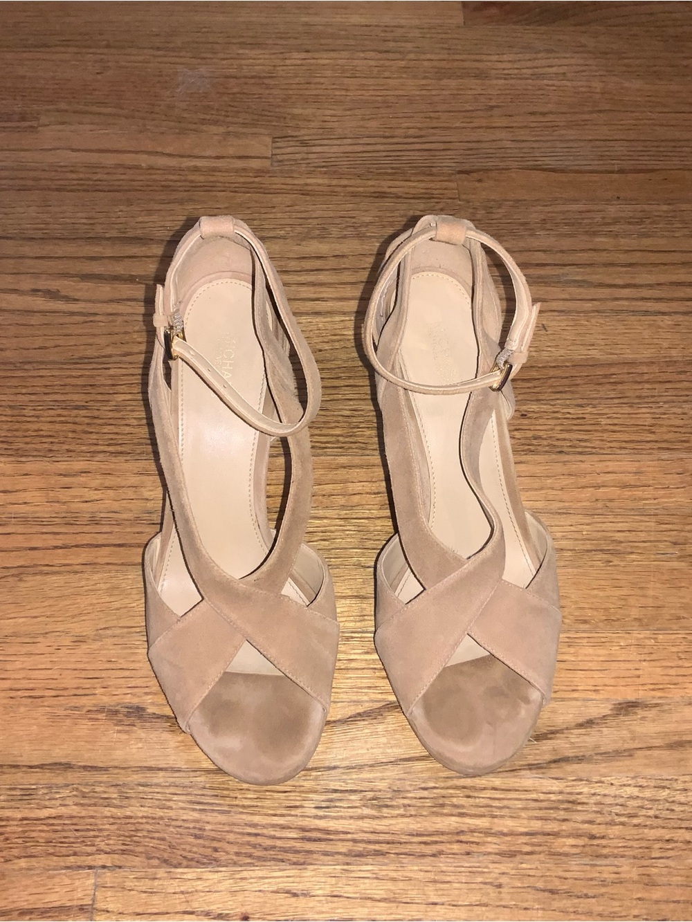 Michael Kors Suede Crisscross Ankle-Strap Heels in Beige